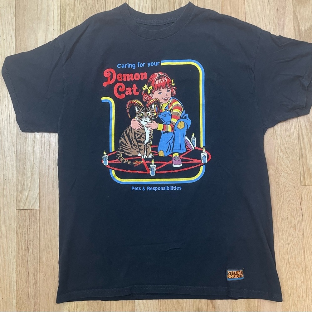 Steven Rhodes Caring for your Demon Cat Tee Dark Humor Retro Horror LG